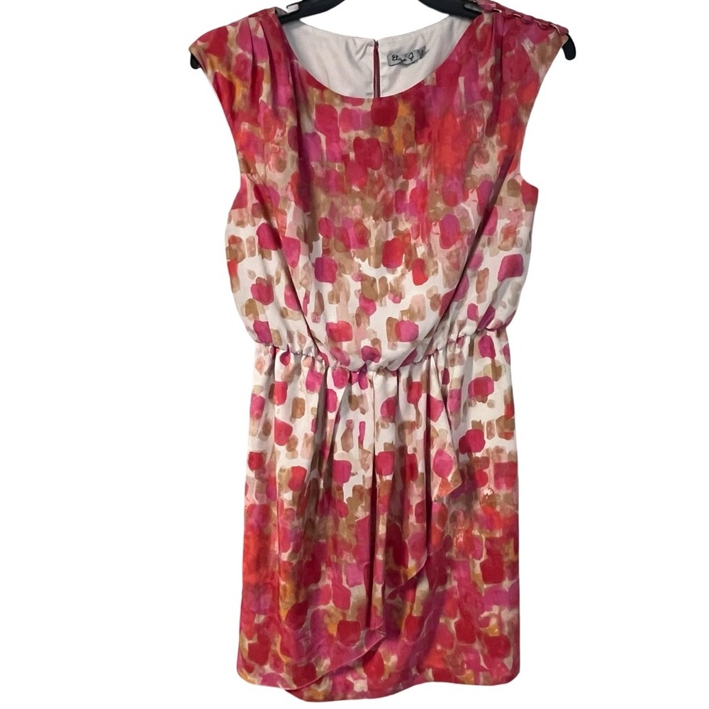 Eliza J Pink Orange Abstract Watercolor Sheath Dress Button Shoulder Size 10